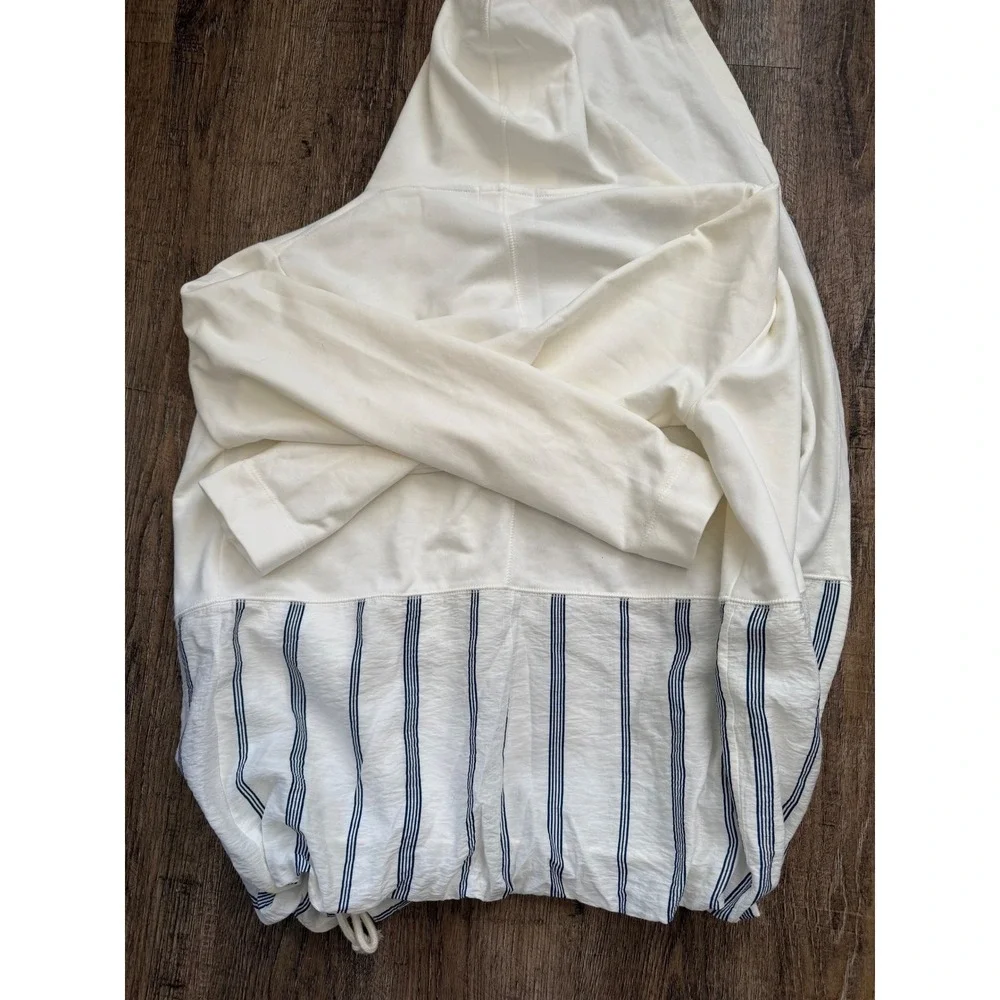 Mello Day Hooded Cardigan Womens Medium Cream Blue Striped Mixed Media Open Fron